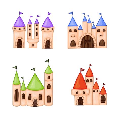 Premium Vector Set Of Castles With Colored Roofs In Cartoon Style On