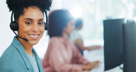 Black Woman Call Center And Contact Us With Crm And Portrait In Office
