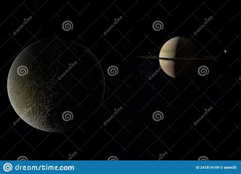 Rhea Orbiting With Saturn Planet Mimas And Tethys At Background 3d