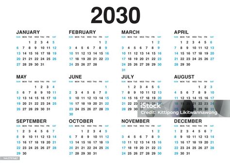 Calendar 2030 Template Vector Simple Minimal Design Planner 2030 Year
