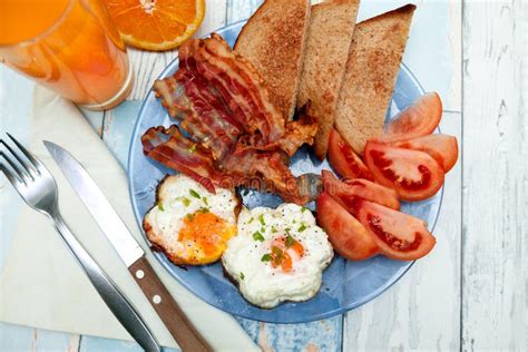 Plate Of Healthy Breakfast Food With Bacon And Eggs Stock Image Image
