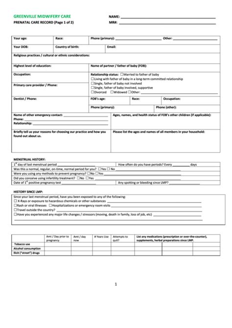 Prenatal Care Record Form Printable Pdf Download