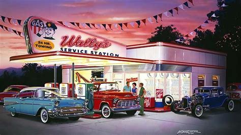 Listen to local radio stations while driving through the cities around the world. car paintings of the 50 & 60s | 50s service station, 1957 ...