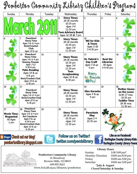 Pemberton Community Librarys Blog March Events Calendar