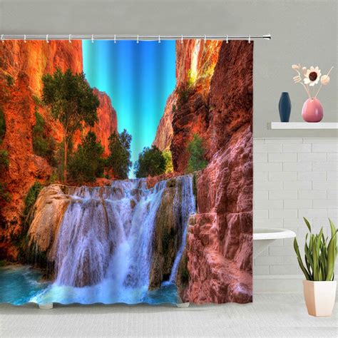 Natural Scenery Cave Shower Curtains Waterfall Ocean Mountain Bathroom