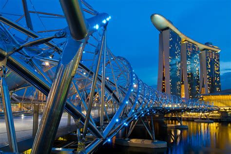 Singapore Helix Bridge Evening Lights Buildings River Wallpaper