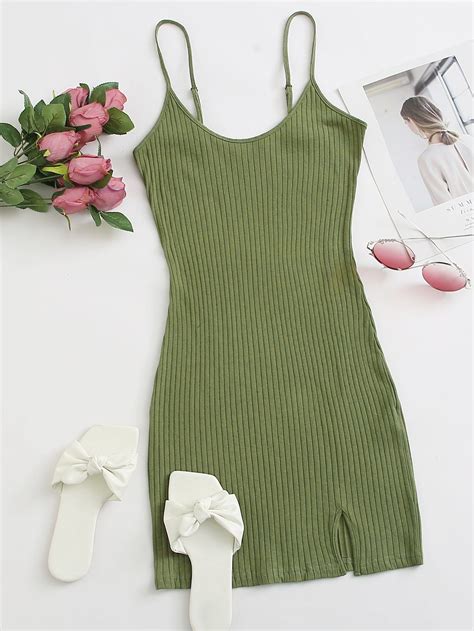 Army Green Casual Sleeveless Cotton Plain Bodycon Embellished Slight Stretch Summer Women