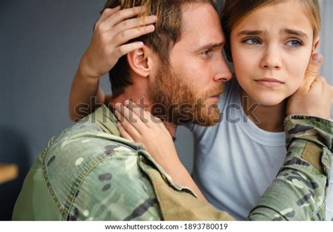 Masculine Sad Military Man Hugging Her Stock Photo 1893780019