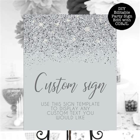Silver Glitter Custom Sign Printable Sign Glitter Party Etsy Custom