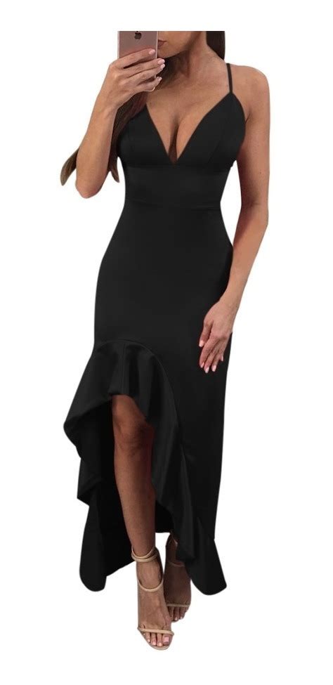 Sexy Vestido Negro Largo Elegante Con Olan Y Abertura 61870 59900