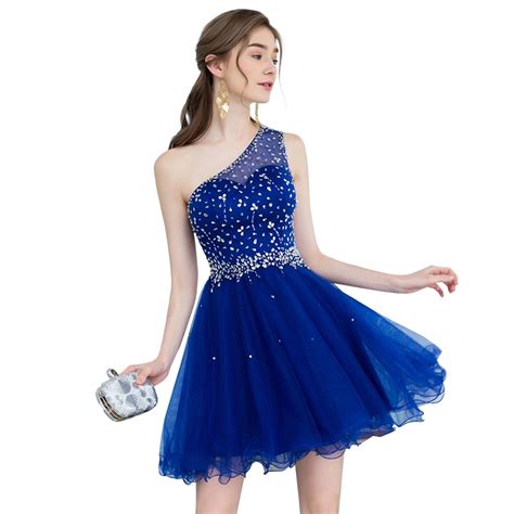 Short One Shoulder Royal Blue Homecoming Dresses 2019 Mini Beaded Tulle Homecoming Gowns Prom