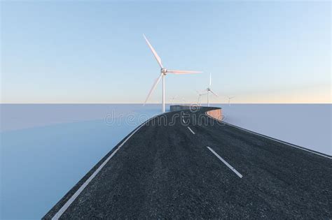 Windmills And Winding Road In The Open 3d Rendering Stock Illustration