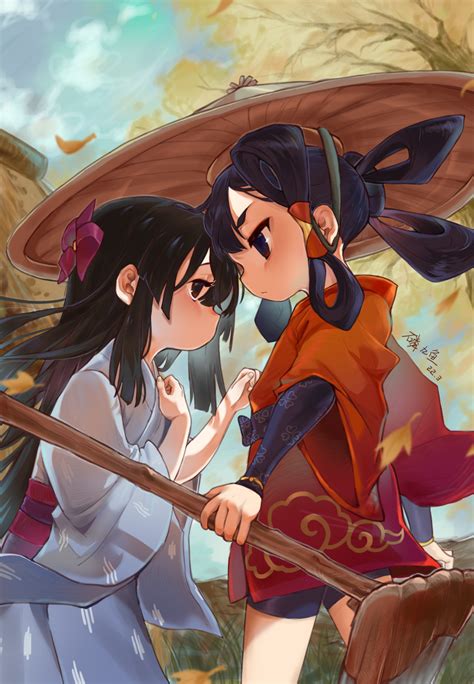 safebooru 2girls absurdres arm up bike shorts black hair black shorts blue kimono blush brown