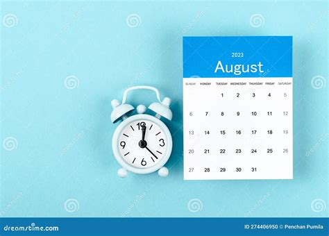 The August 2023 Monthly Calendar For 2023 Year With Vintage Alarm Clock