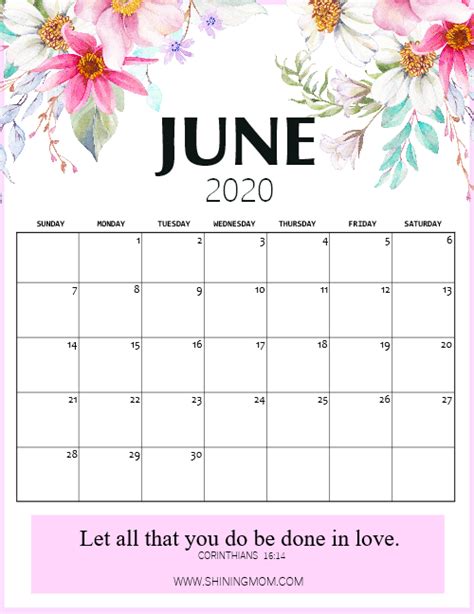 Free Printable June 2020 Calendar 12 Fantastic Designs