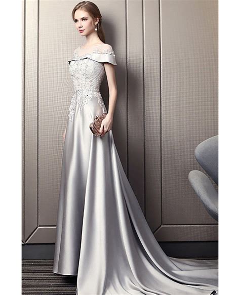 Elegant Grey Long Evening Dress With Beaded Lace Illusion Neckline