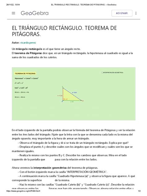 El TriÁngulo RectÁngulo Teorema De PitÁgoras Geogebra Pdf