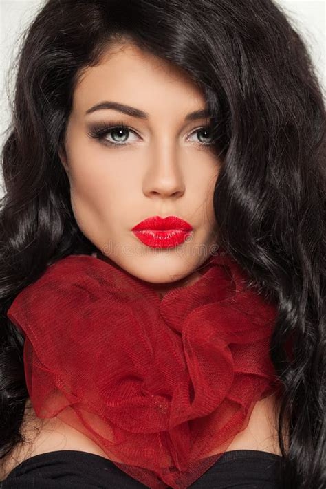 Beautiful Brunette Woman With Red Lips Makeup Stock Image Image Of Girl Curly 111576125