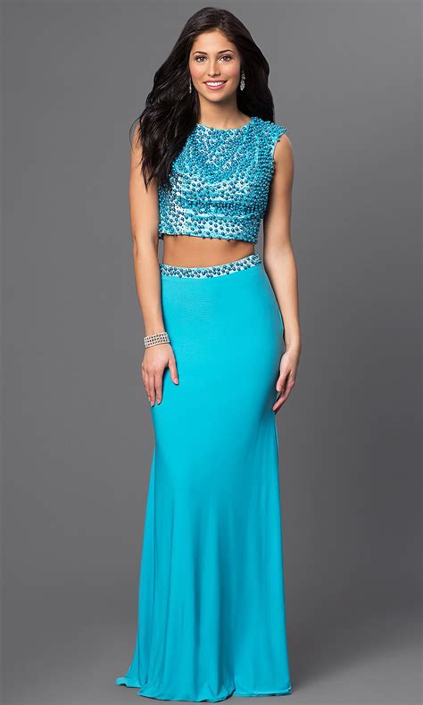Blue Long Two Piece Beaded Prom Dress Promgirl