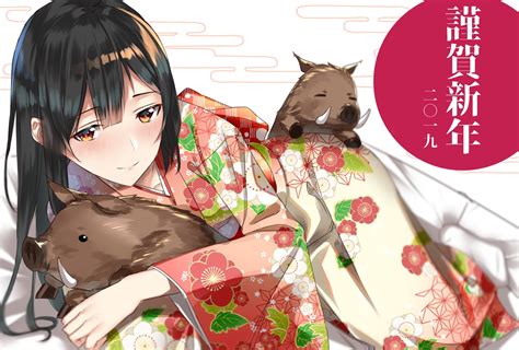 Animal Black Hair Blush Brown Eyes Japanese Clothes Kimono Long Hair