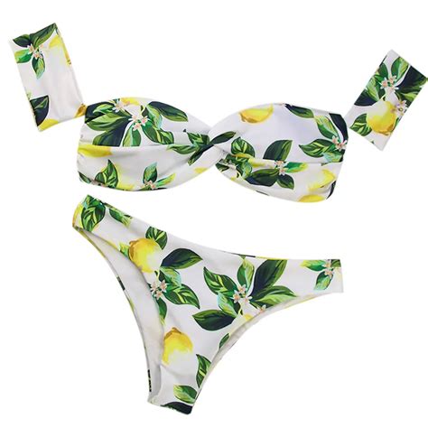 Women Bikini Set Lemon Print Swimwear Push Up Padded Off Shoulder Bra Swimsuit Tankini Bikini
