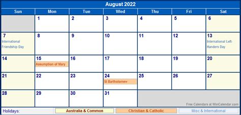 You can also create your own calendar. August 2022 Australia Calendar with Holidays for printing (image format)