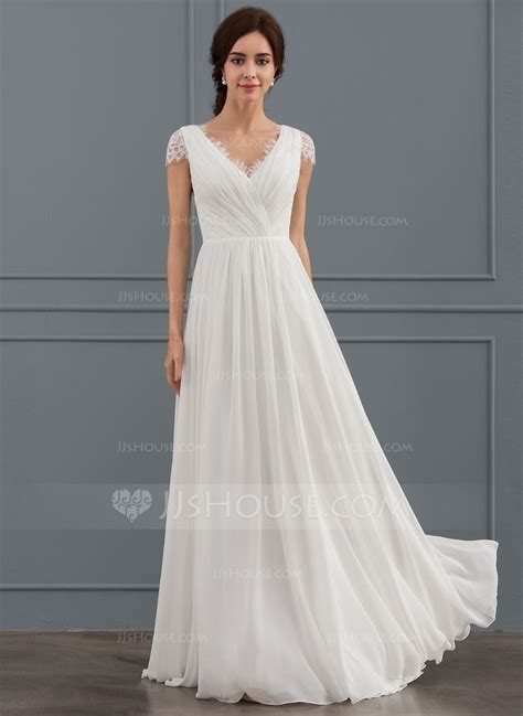 A Line Princess V Neck Floor Length Chiffon Wedding Dress With