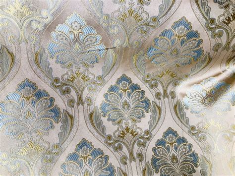 New Designer Brocade Satin Fabric Blue Taupe Upholstery Damask Drap