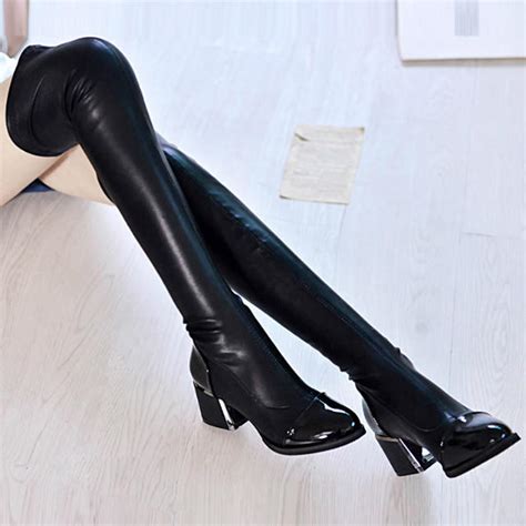 Buy Fashion Women Leather Over Knee Toe Elastic Thick Stretch Heel