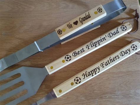 Personalised Engraved Wooden Bbq Set Flipper Tongs Fork Etsy