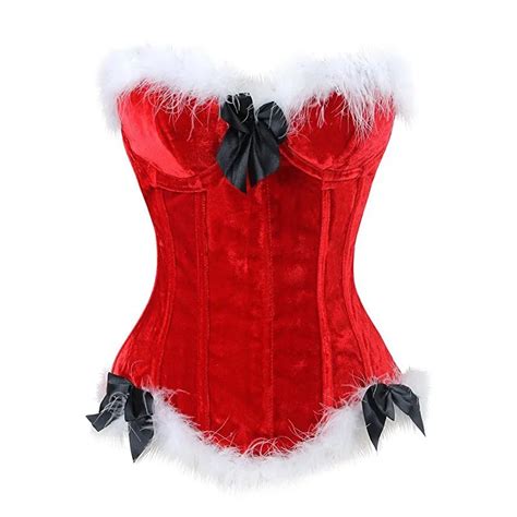 Christmas Corset Costume Womens Miss Santa Bustier Top Red Overbust Corset Halloween Costume In