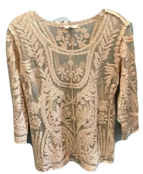 Saint Tropez West Womens Sheer Lace Top Blush Size Small 34 Sleeve
