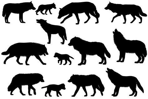 Silhouettes Of Wolves And Wolf Cubs