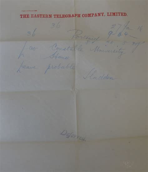 January 26th 1916 Telegram From Cyril Sladden To His Fiancée Mela