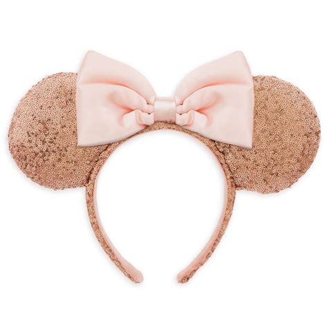 Disney Ear Headband Minnie Mouse Sequined Rose Gold With Pink Satin Bow