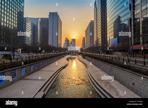 Cheonggyecheon Stream And Seoul City Skyline When Sunrise Seoul Stock