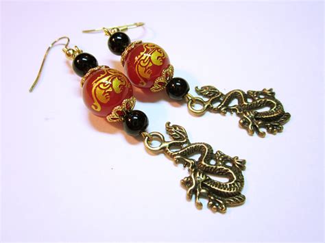 Dragon Oriental Earrings Gold Dragon Dangles By Allyouneedisbeads