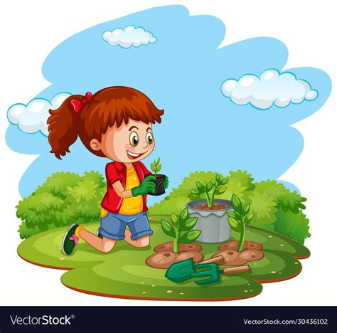 Scene With Kid Planting Trees In Garden Vector Image On Vectorstock In