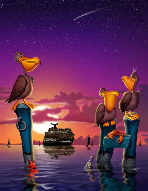 Pelicans On Poles At Sunset Tropical Cartoon Florida