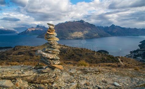 Spectacular Landscape And Stone Stacking On The Summit Of Queenstown