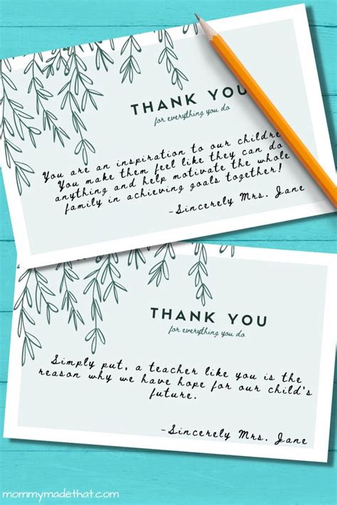 Short And Thoughtful Teacher Thank You Notes From Parents Free Printable