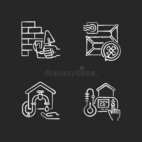 House Building Chalk White Icons Set On Black Background Stock Vector