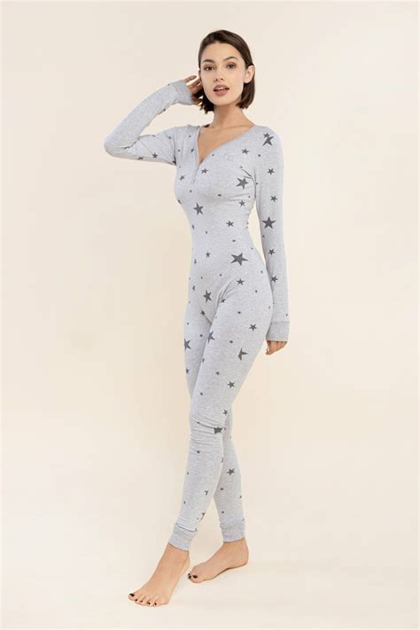 Sexy Pyjama Jumpsuit With Butt Flap Ladies Sleepsuit Onezee Grey Big Star Ebay