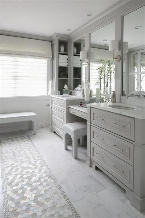 Polished porcelain floor tile material: White and gray hex glass tiles accent white marble ...