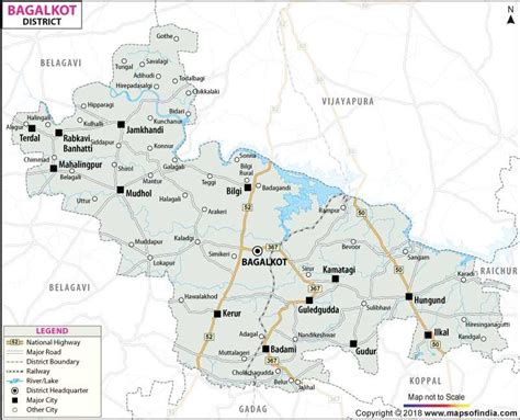 District Map Of Bagalkot Showing Major Roads District Boundaries Headquarters Rivers And
