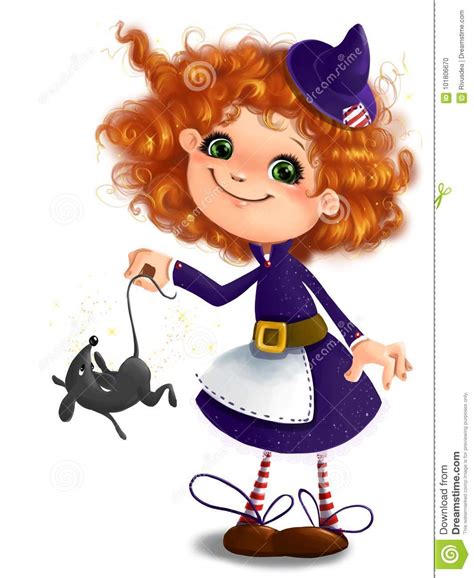 Cute Little Girl In Halloween Witch Costume With Mouse