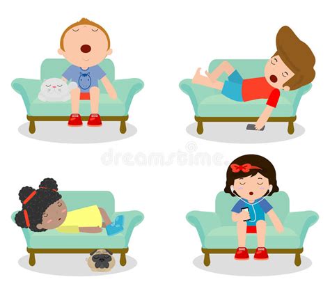 Set Of Kid Sleeping On Sofa At Home On White Background Children