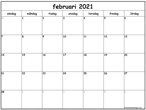 Kalender 2021 skriva ut : februari 2021 kalender Svenska | Kalender februari