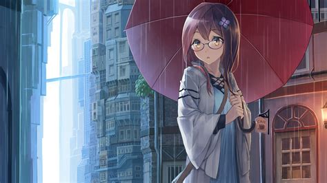 Anime Girls Glasses Meganekko Umbrella Rain Wallpaper Anime