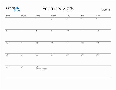 Printable February 2028 Monthly Calendar With Holidays For Andorra